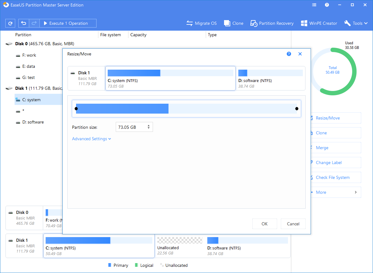 Use Resize/Move features to resize your partitions