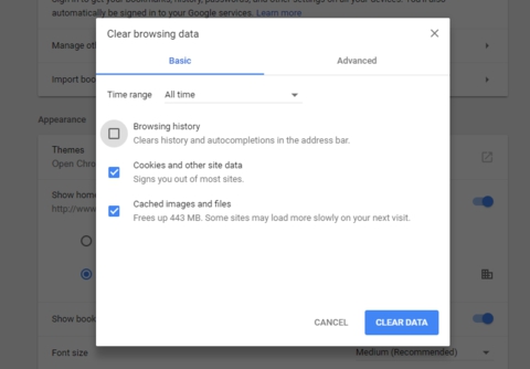 kliknij wyczyść historię