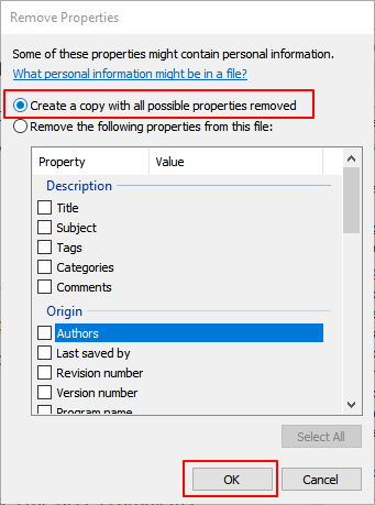 Wybierz, aby skopiować z usuniętymi wszystkimi możliwymi właściwościami