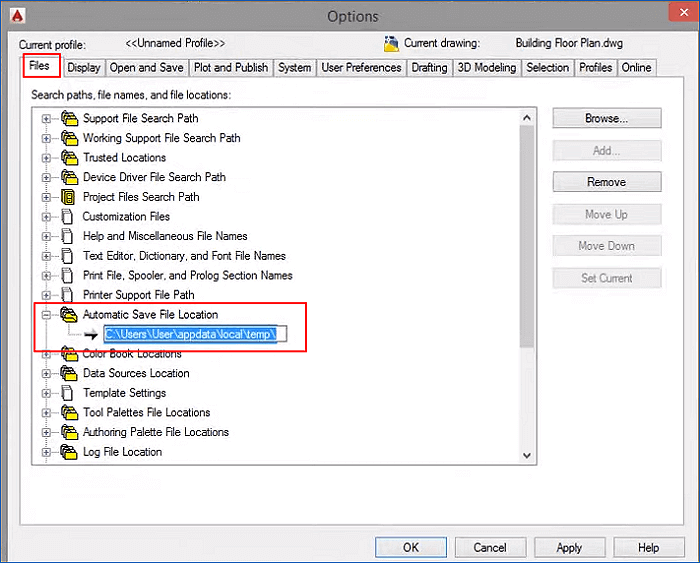 Znajdź lokalizację automatycznego zapisywania utraconego pliku CAD.