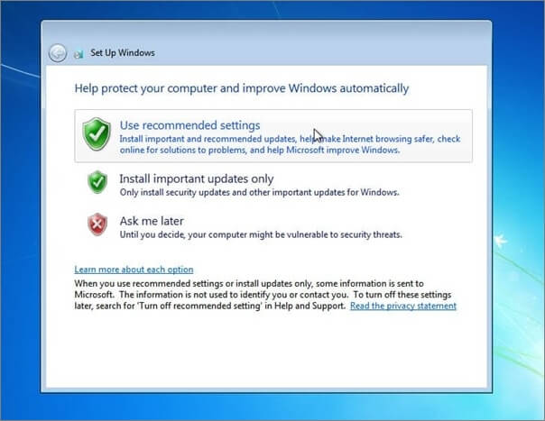 użyj zalecanych ustawień systemu Windows 7