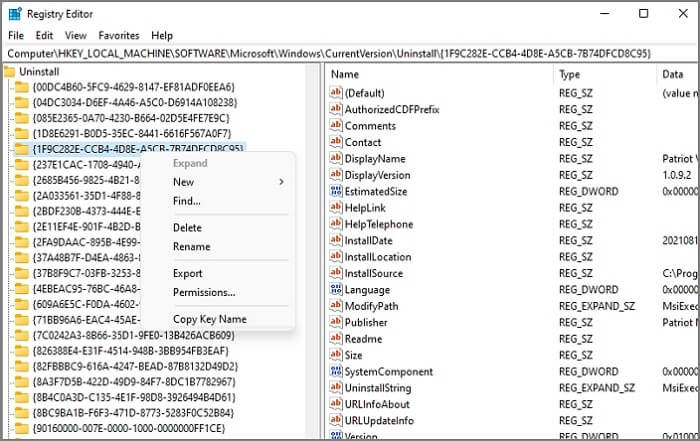 usuń programy przez rejestr