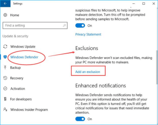 dodać wykluczenie do Windows Defender, aby naprawić wysokie użycie dysku