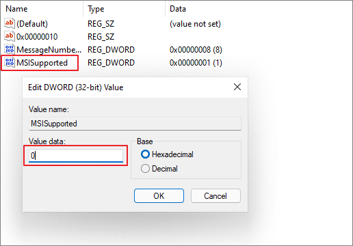zmień wartość wspieraną przez msi
