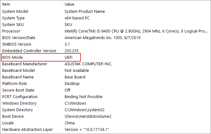 Sprawdź tryb BIOS dla Win 11