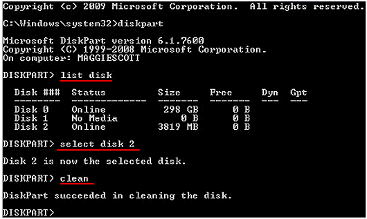 clean disk using diskpart