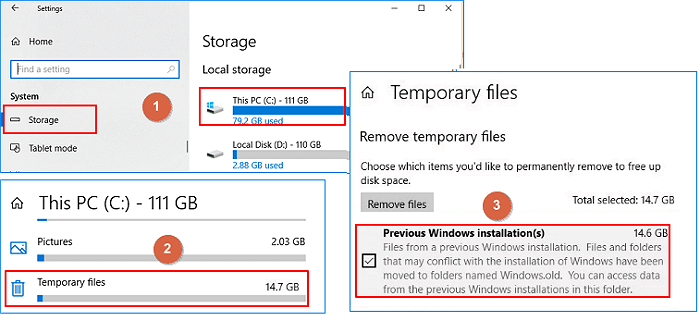 delete windows old using temporary file settings