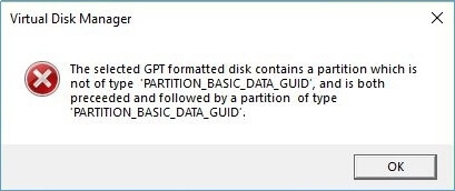 The selected GPT formatted disk contains a partition error
