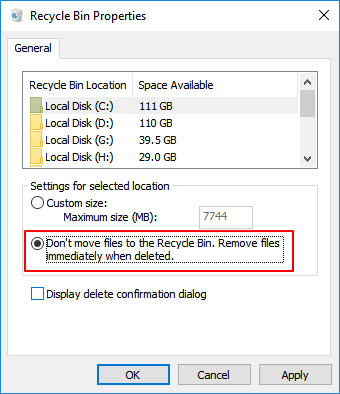 Permanently delete files by configuring recycle bin settings