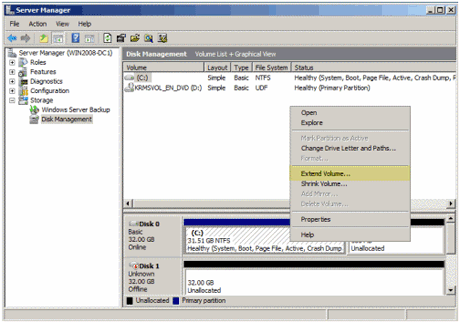 Image of Extend Volume in Disk Management in Windows Server
