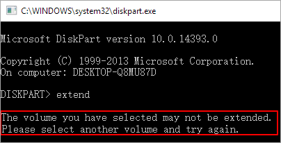 Error of extending volume in Windows Server diskpart
