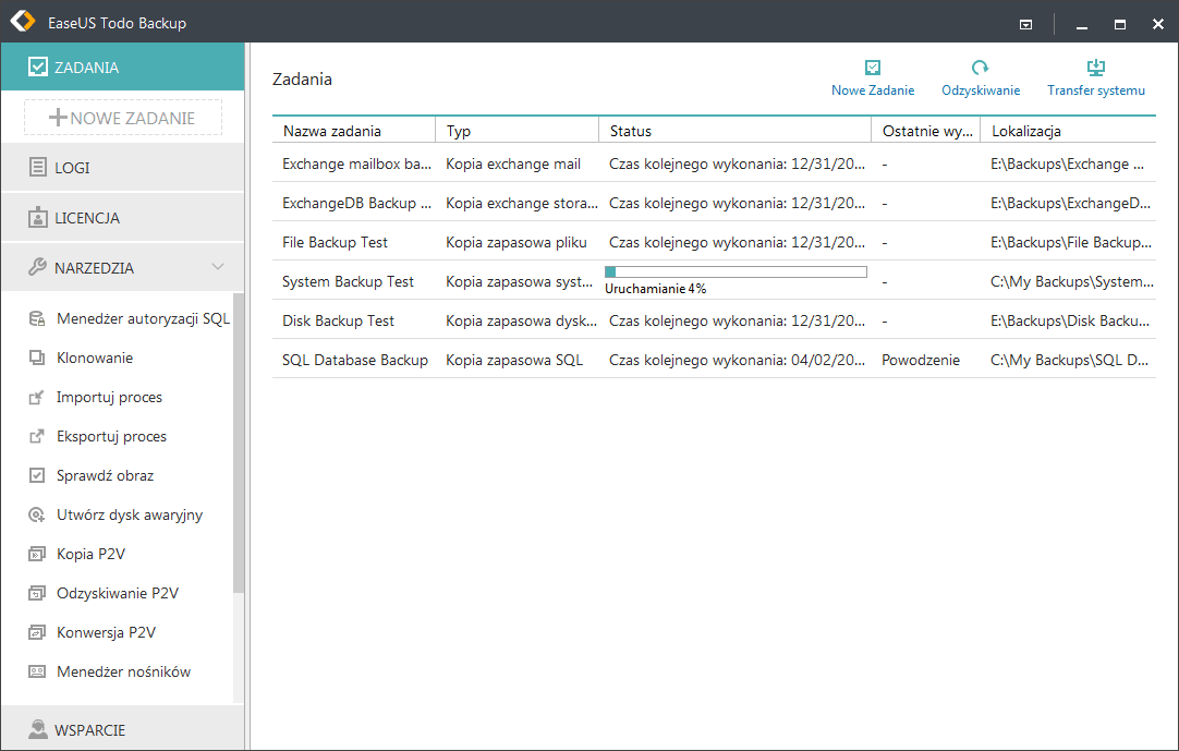 Main window of EaseUS backup software