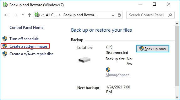 Kliknij Utwórz obraz systemu, aby rozpocząć tworzenie kopii zapasowej danych na dysku twardym