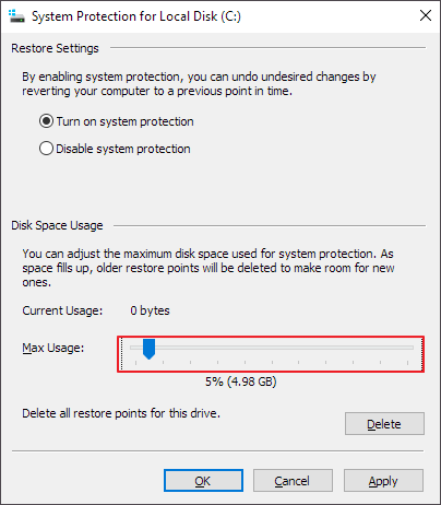 skonfigurować wykorzystanie miejsca na dysku do przywracania systemu