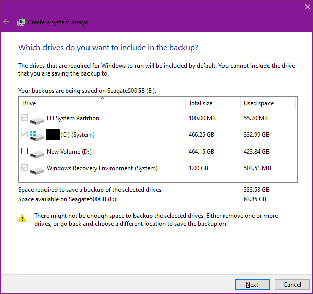 Dyski systemowe są wybierane domyślnie.